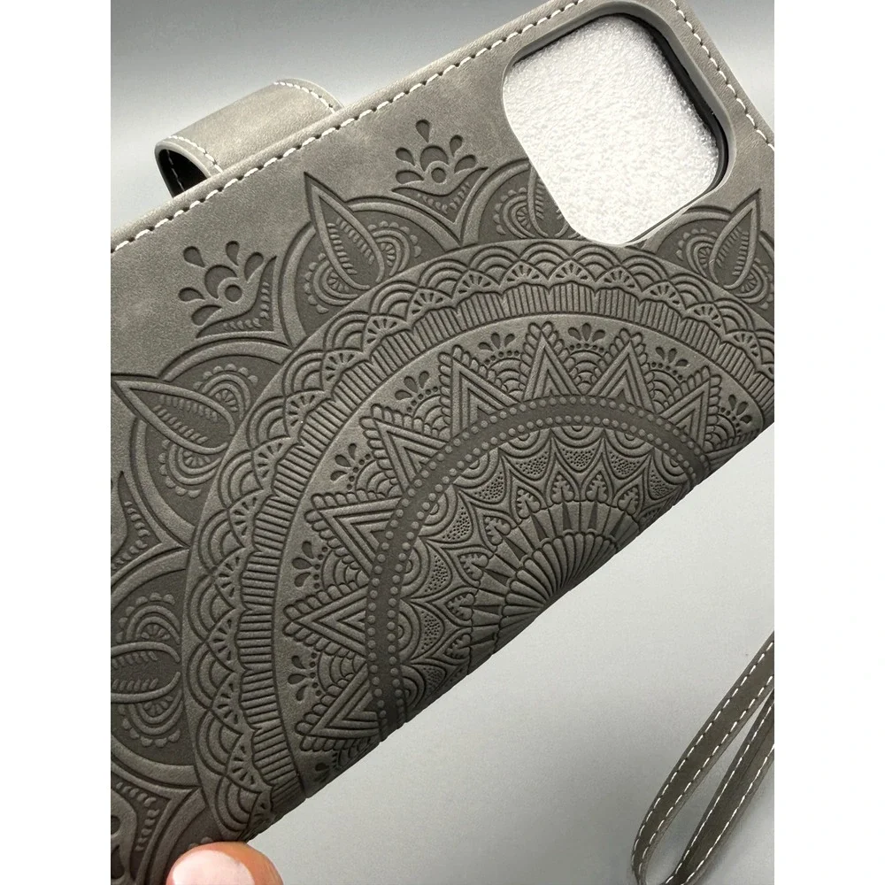 Grey Mandala Embossed Wallet Case‎ for iPhone 13 Pro Max with Zipper & Wristlet